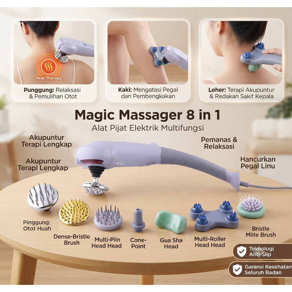 Alat Pijat Magic Massager 8 in 1 Akupuntur Terapi Lengkap Alat Pijat Elektrik Magic Massager 8in1 Mesin Urut Tongkat Getar Pemanas Terapi Kesehatan Seluruh Badan Punggung Leher Kaki Multifungsi Portable Relaksasi Hilangkan Pegal Linu Lengkap Anti Slip