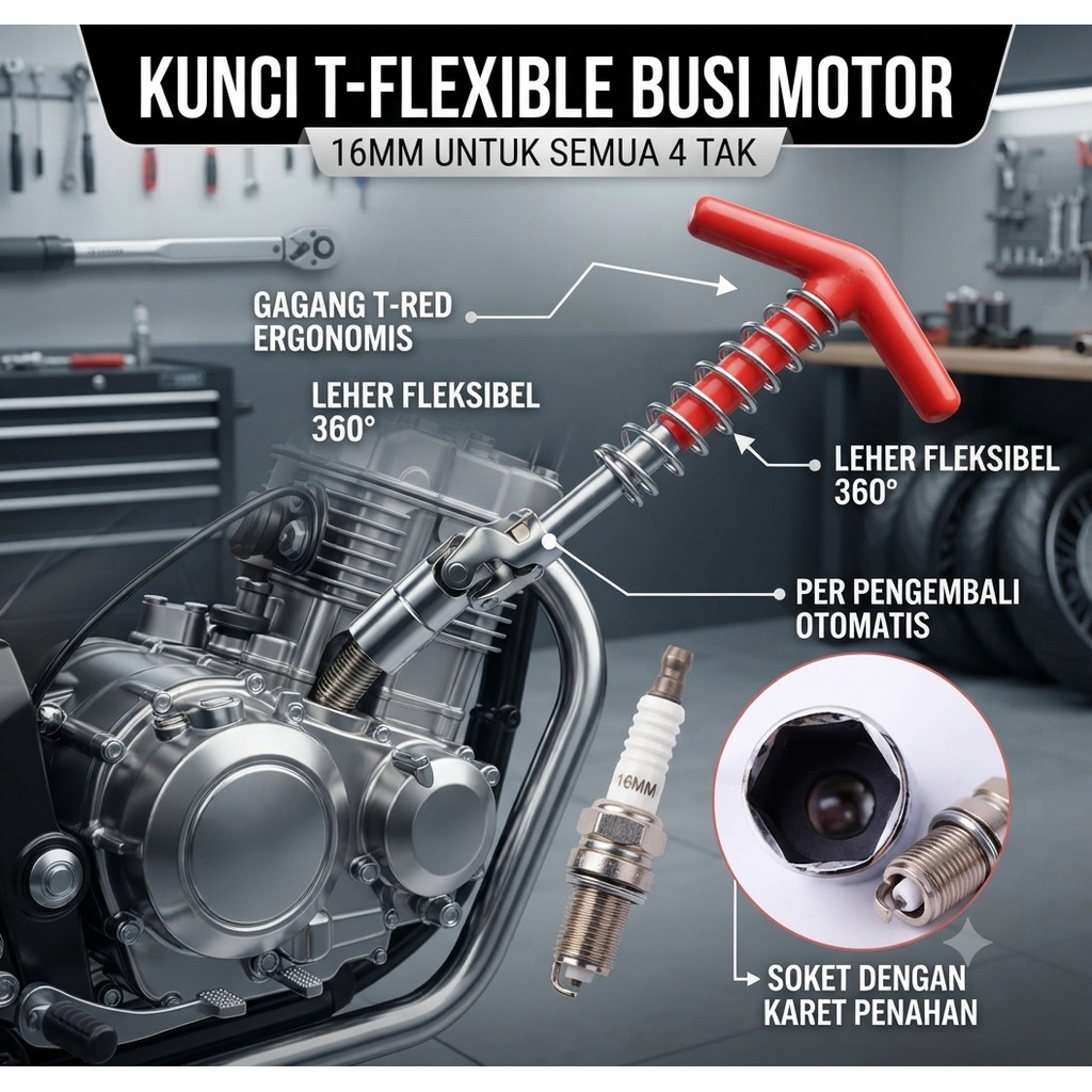 Kunci Busi Leher Flexible 16mm Fleksibel Sock Sok Spark Plug Kunci T Spring Mobil Untuk Semua Motor 4 Tak Kunci Flexible Buka Busi Motor SOK SHOK SHOCK RING PAS SPARK PLUG WRENCH 16MM Putar 360 Derajat presisi