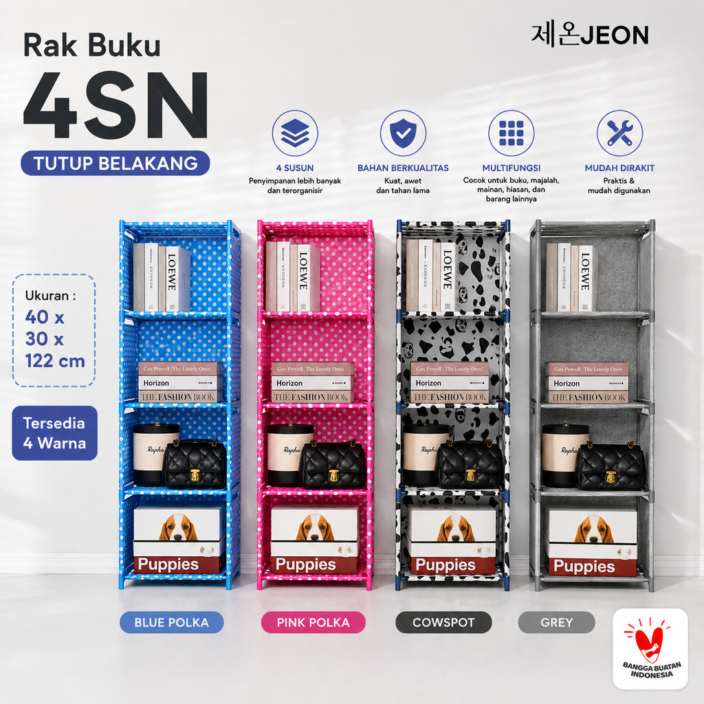RAK BUKU 4 Susun Portable TUTUP BELAKANG Lemari Multifungsi Penyimpanan Bongkar Pasang Serbaguna