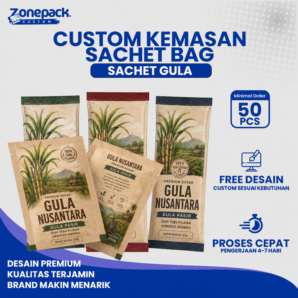 Custom Sachet Bag Gula Full Printing | NON ZIPLOCK | Free Design - Zonepack Custom