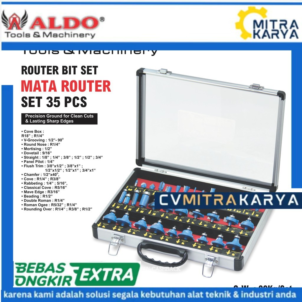 ALDO Router Bit Set 35 Pcs Mata Router Kayu Box Aluminium Woodworking Mesin Router Trimmer Perkakas 