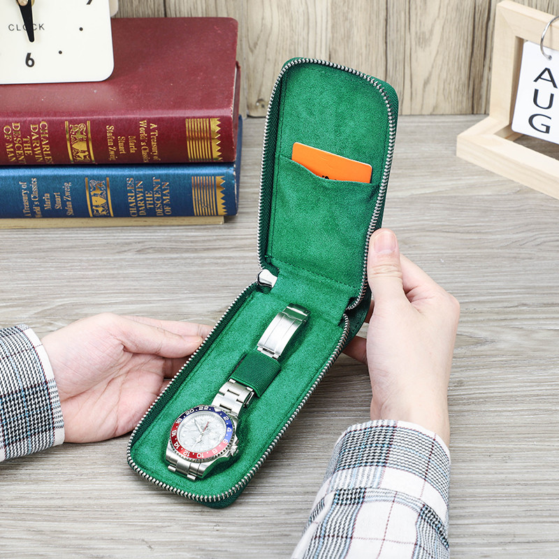 CONTACTS FAMILY Genuine Leather 1 Slot Watch Box for Rolex Luxury Pouch with Zipper Portable Organiz