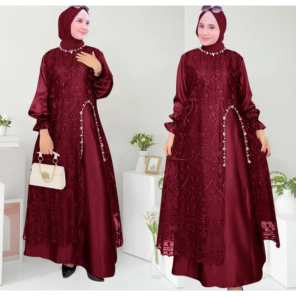 [Padu Dress] Gamis Brokat Jumbo Warna Marun – Gamis Muslim Elegan untuk Pesta & Kondangan
