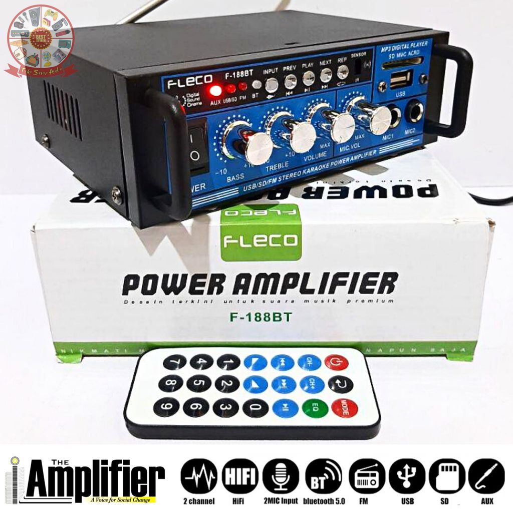 POWER AMPLIFIER WIRELESS KARAOKE FLECO BT-188BT Amplifier Audio Stereo 2 Channel Bluetooth AMP FM US