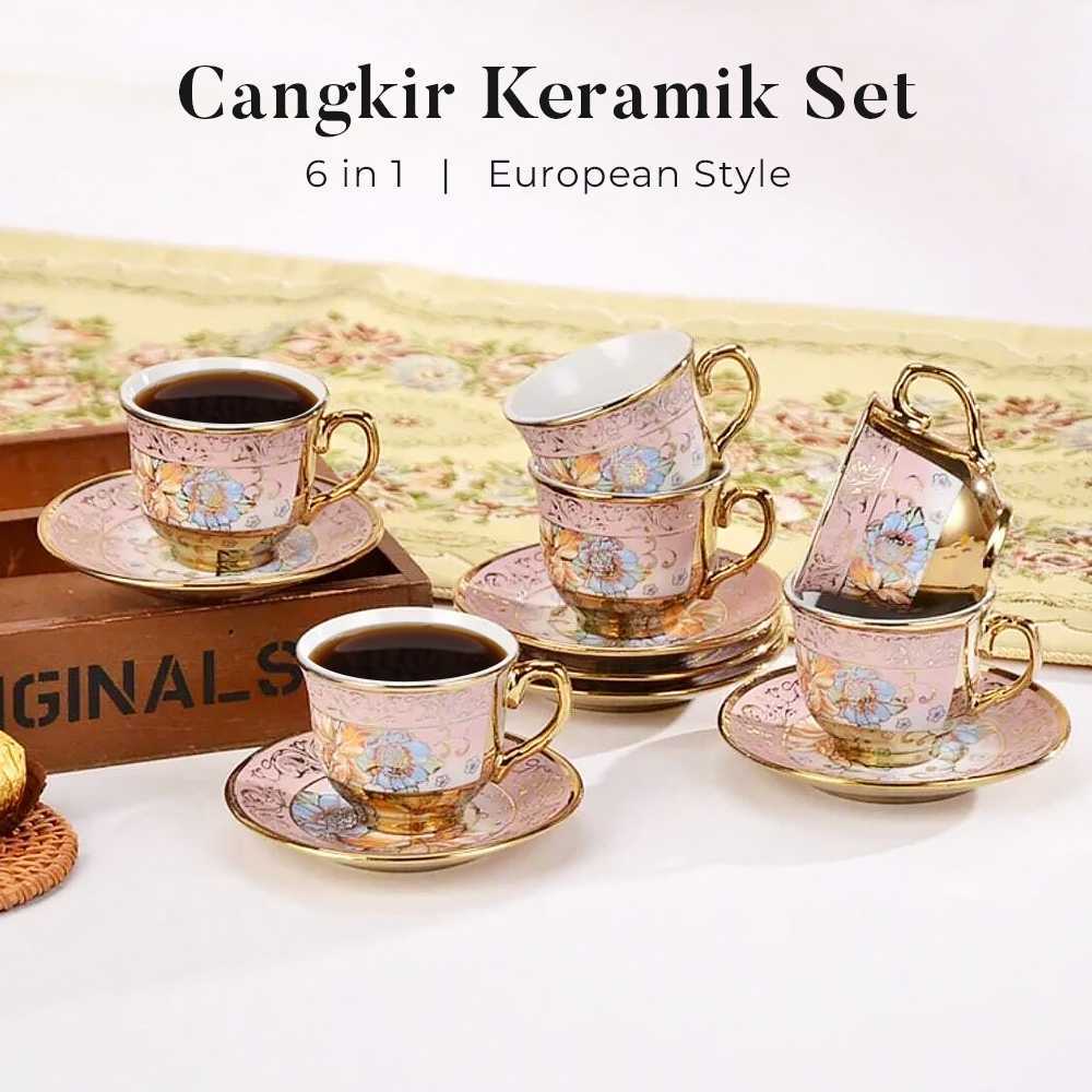 Set Teko Cangkir Keramik Eropa 6 Cangkir 6 Tatakan Tea Set Kopi Teh Premium
