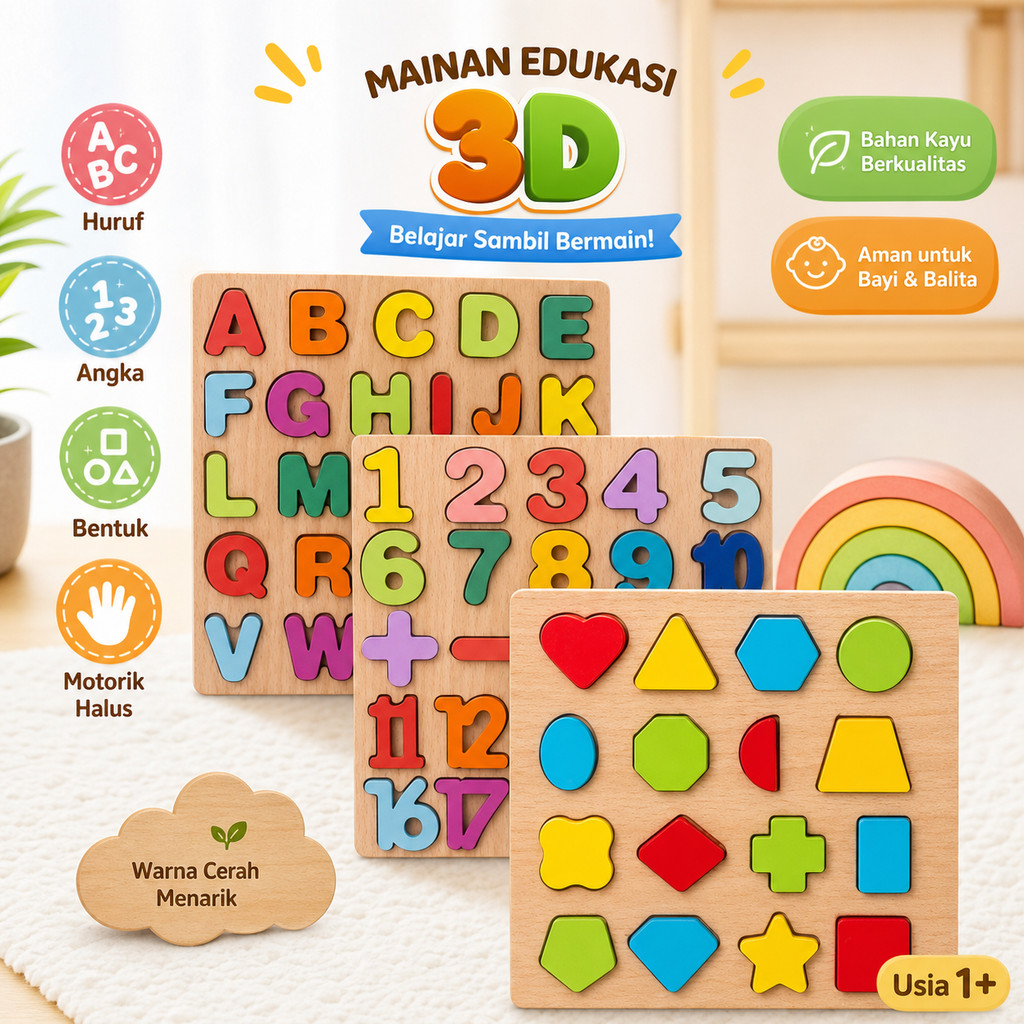 Mainan Edukasi Anak Bayi Balita Puzzle 3D Kayu Angka Huruf Bentuk Geometri Alphabet Datar Wooden Puzzle 3D Hadiah 1 2 3 4 5 Tahun Alat Belajar Pengembangan Keterampilan Motorik Interaktif Kreativitas