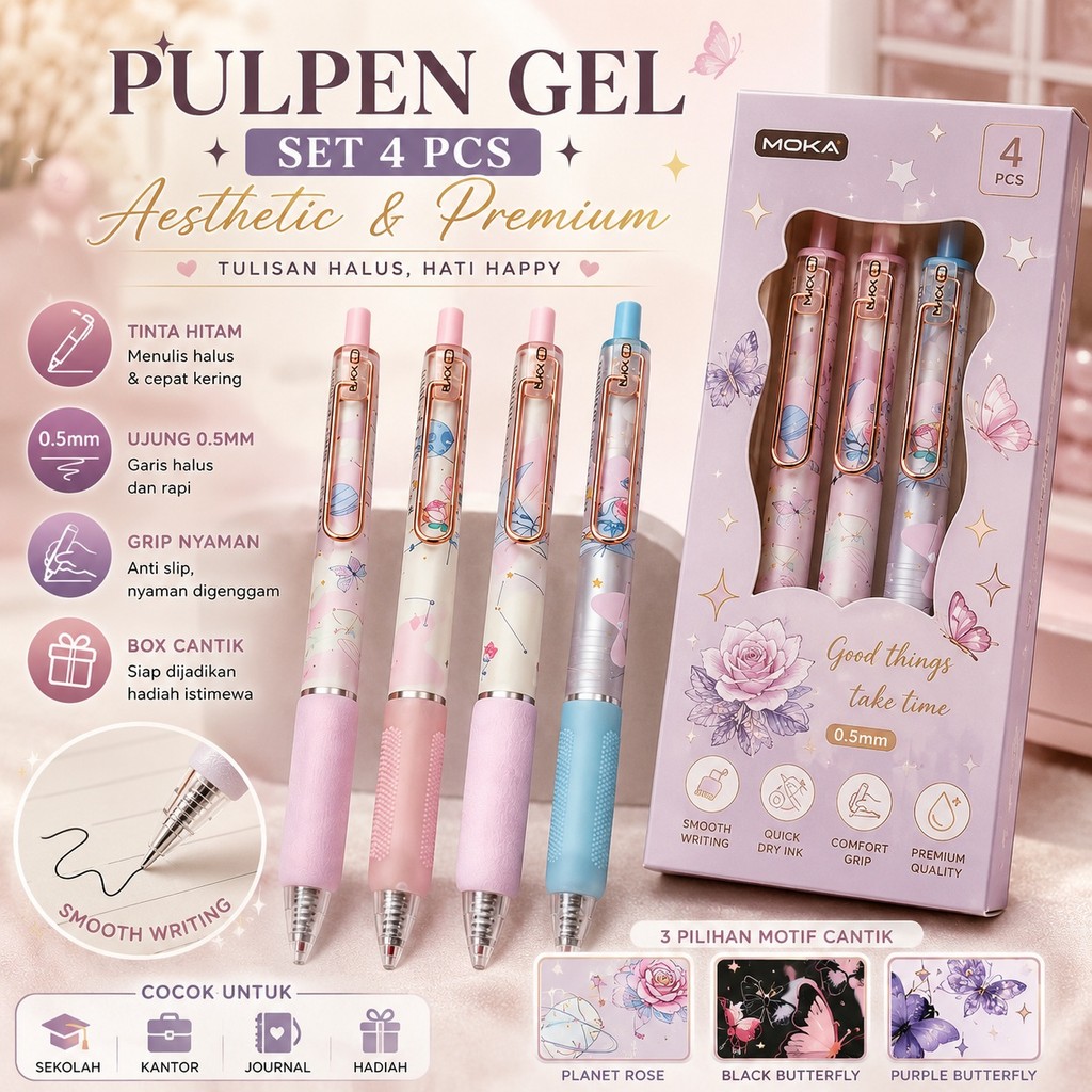 Pulpen Gel Premium Set 4PCS Pulpen Aesthetic Korean Style Pulpen Journal Pulpen Gift Stationery Cute