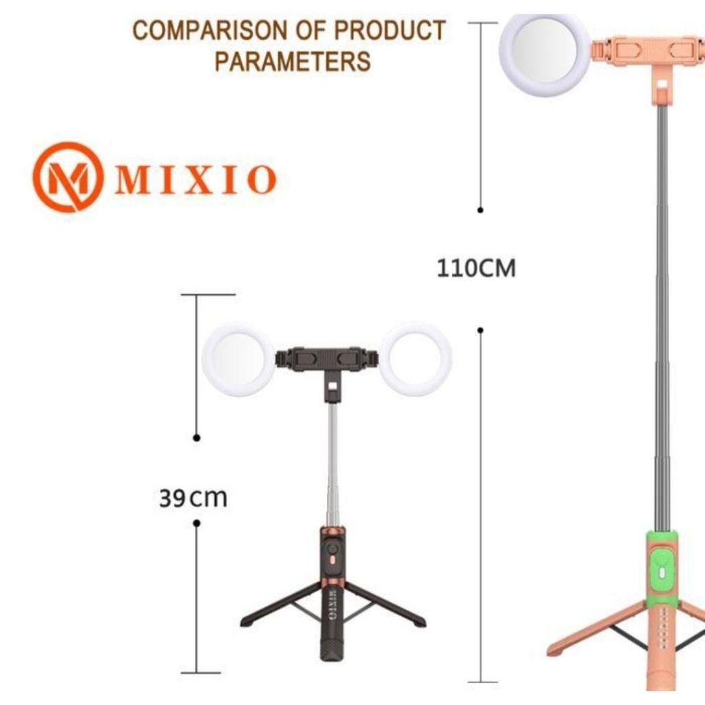 MIXIO A37 - 110CM Tongsis Bluetooth Selfie Tripod dengan 2 RinglightTongsis Bluetooth Selfie Tripod