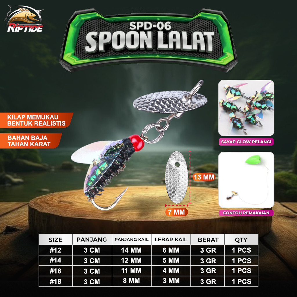 UMPAN PANCING SPOON LALAT RIPTIDE SPD-06 FLY FISHING LURE SAYAP GLOW PELANGI BAHAN BAJA ANTI KARAT S