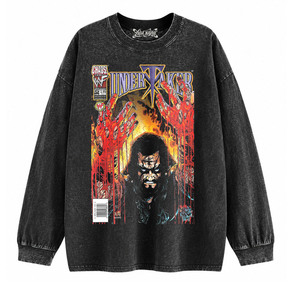 ZADA NAJAH Kaos Oversize Longsleeve Stone Black Washed Undertaker Wwe Vintage Graphic Tee Unisex Pre