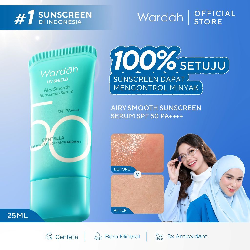 Wardah Sunscreen UV Shield Airy Smooth Serum SPF 50 PA++++ 25ml Single, Twinpack, Triple Pack Sunscr