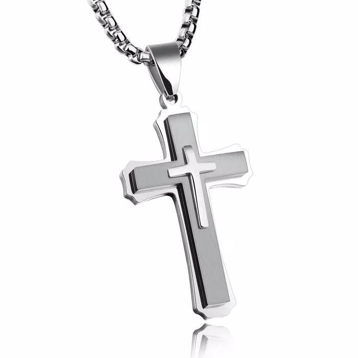 TERLARIS   Kalung Liontin Salib Pria Warna Putih / Hitam / Emas Rantai Stainless - SILVER