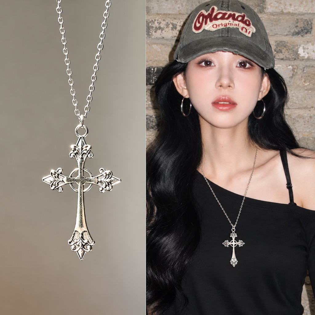 Kalung Salib Mawar Titanium Warna Perak Liontin Besar Gaya Korea untuk Wanita Pria
