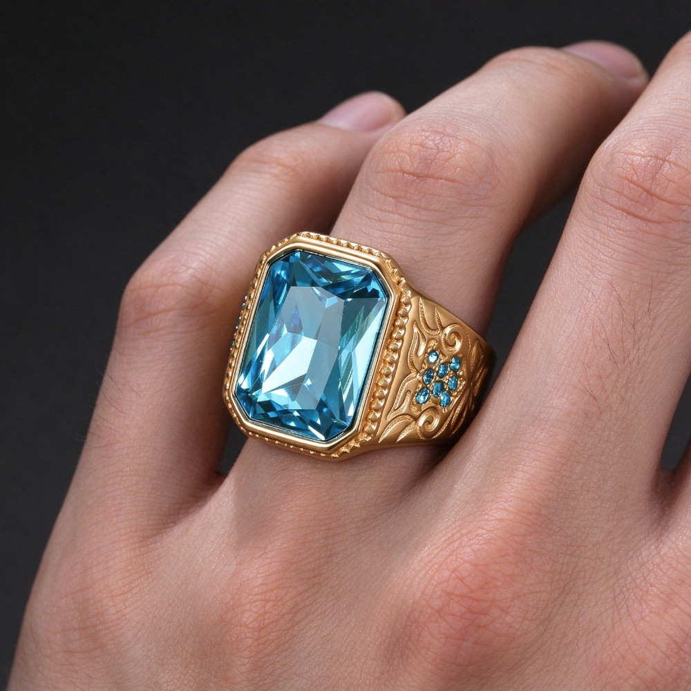 Cincin Pria Emas Baja Titanium Batu Zirkon Biru Muda Potong Kotak Ukir Ornamen Klasik Bergaya Retro 