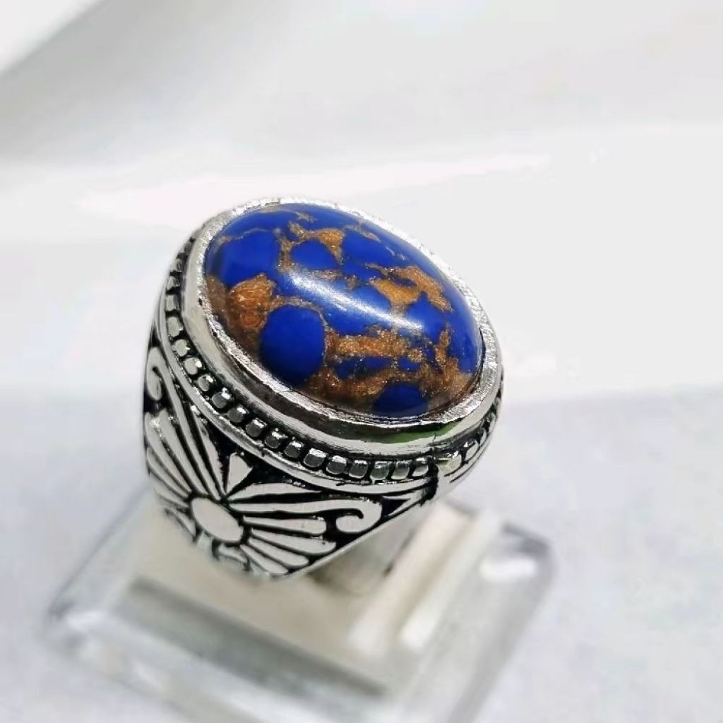 Batu cincin blue mizone serat emas batu akik pria terlaris Akik