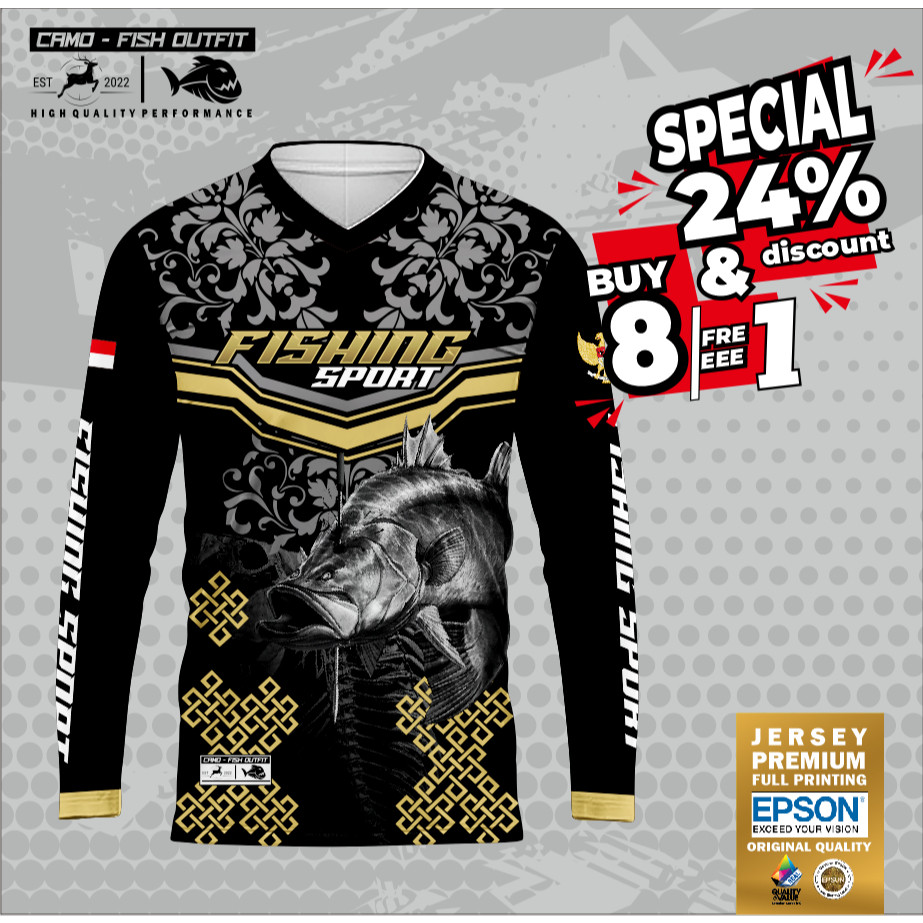 karrinustore - Baju Jersey custom mancing DRIFIT PREMIUM motif FLOWER PATTERN BARAMUNDI BLACK