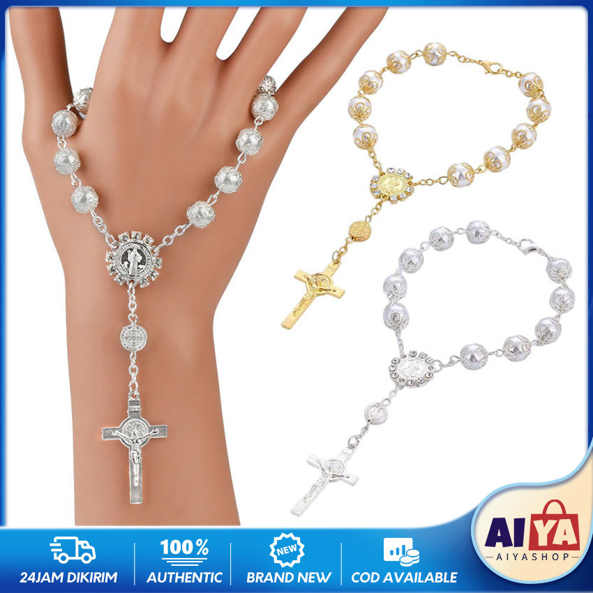 Gelang Rosario Katolik Liontin Salib Aksesoris Fashion Wanita Aesthetic Kekinian Viral