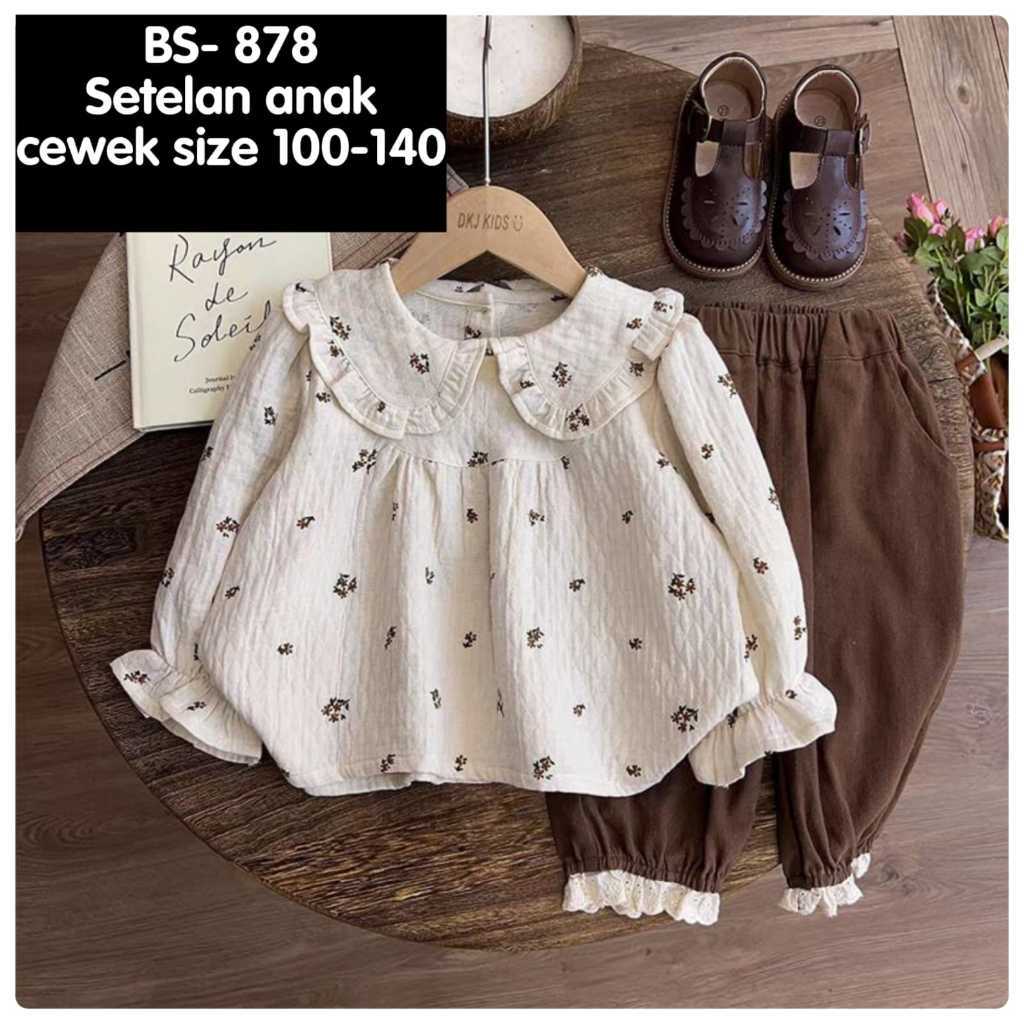 (CC-JKT) BS 878 SETELAN ANAK CEWEK BLOUSE MOTIF BUNGA KECIL KERAH PETERPAN COLLARSIZE 100-140