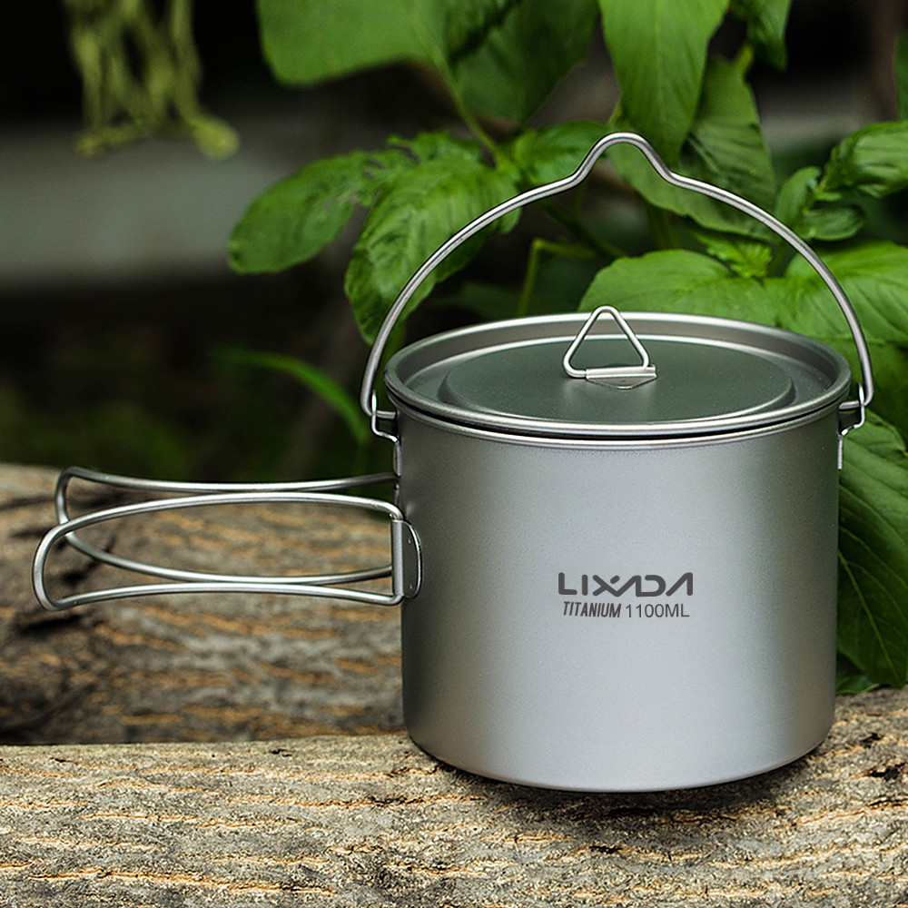 Lixada 750ml/900ml/1100ml Ultralight Titanium Pot Water Mug Cup with Lid and Foldable Handle Outdoor