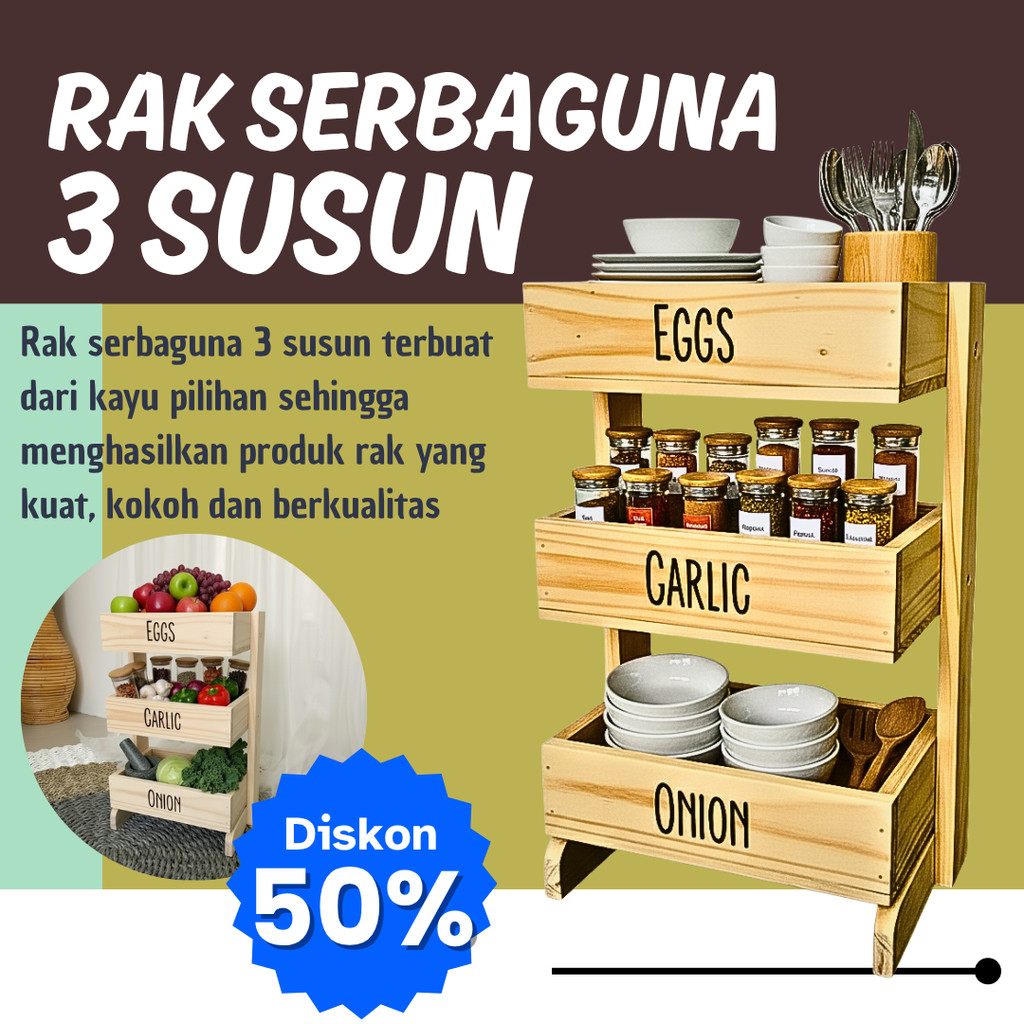 Rak bawang kayu 3 susun / Rak dapur / Rak kosmetik/ Rak perkakas/ Rak bawang