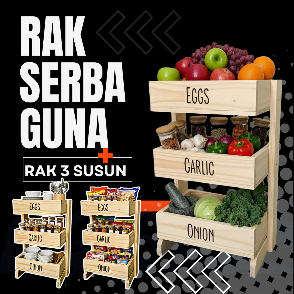 Rak bawang kayu 3 susun / Rak dapur / Rak kosmetik/ Rak perkakas/ Rak bawang