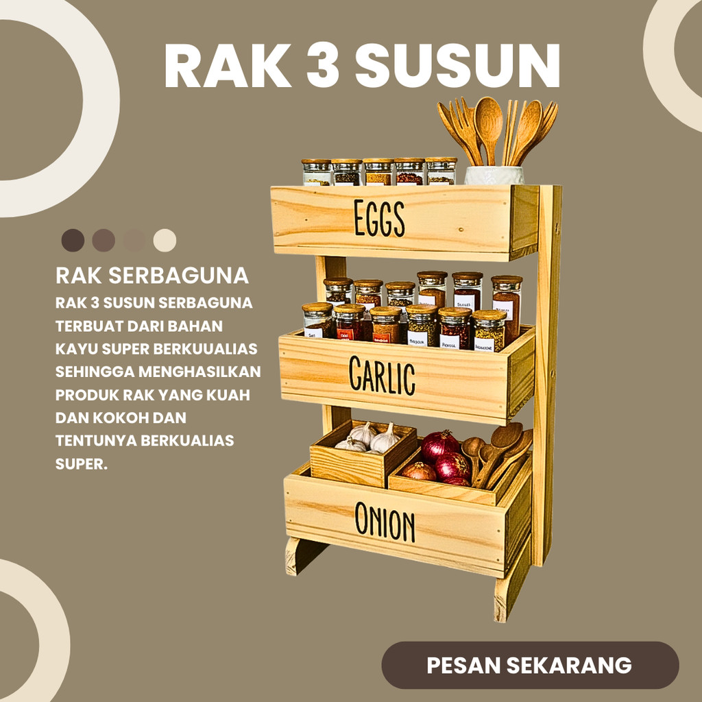 Rak bawang kayu 3 susun / Rak dapur / Rak kosmetik/ Rak perkakas/ Rak bawang