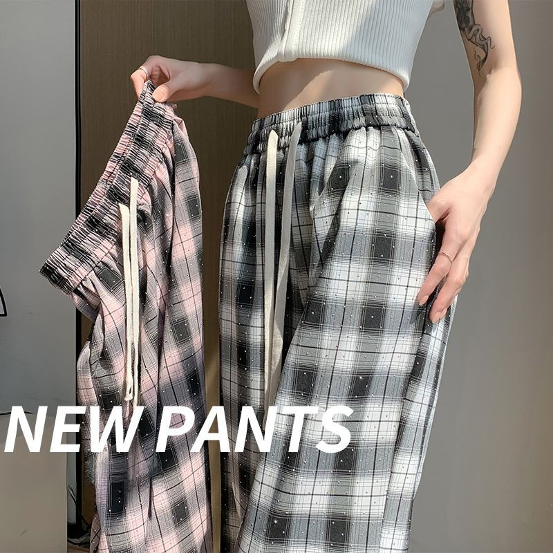 Celana Kotak-Kotak Ukuran Plus Longgar untuk Wanita