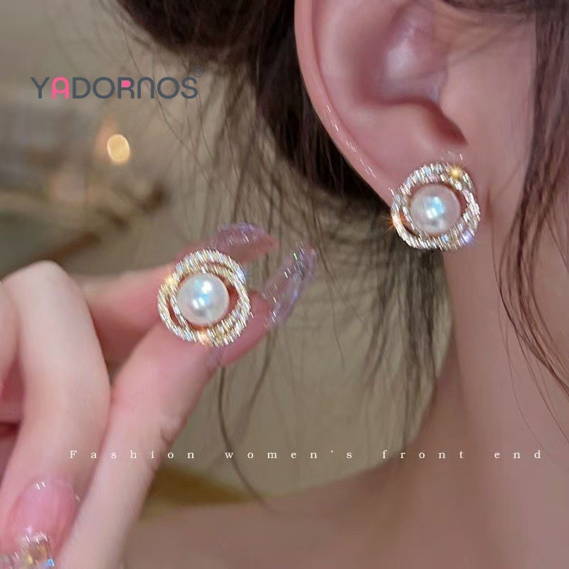 YADORNOS S925 jarum perak versi Korea baru spiral salib set anting-anting mutiara berlian