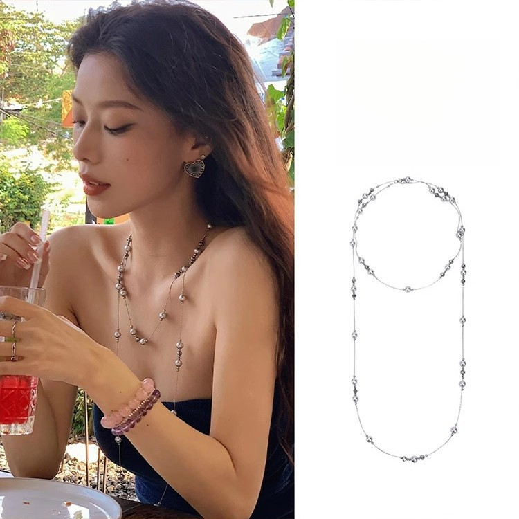 [COD]Kalung mutiara berbentuk bintang abu-abu keperakan, kalung susun panjang kelas atas