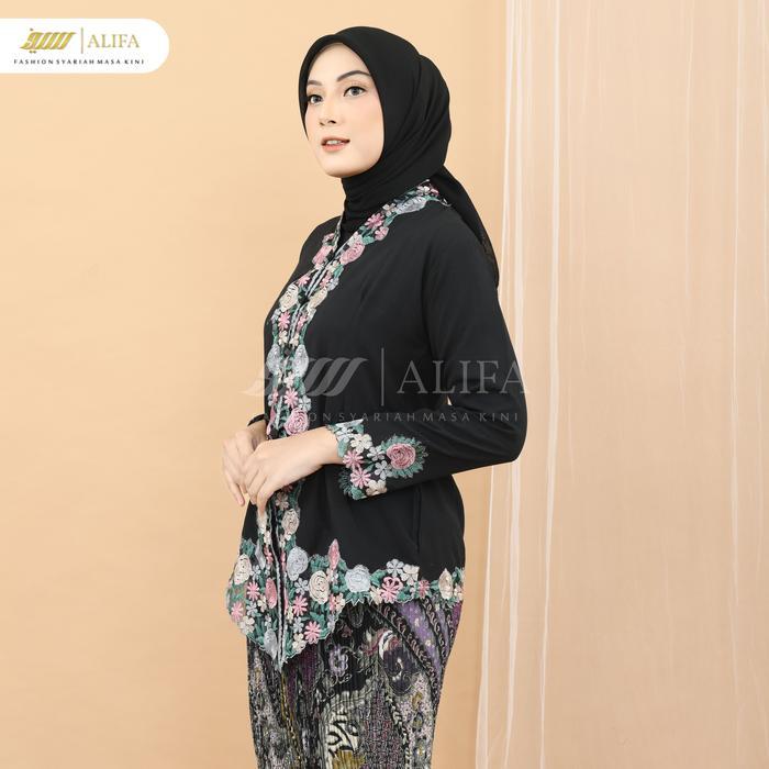 ALIFA - Kebaya Bordir Kombinasi Warna Lengan Panjang Kebaya Encim Bordir Modern - HITAM, M