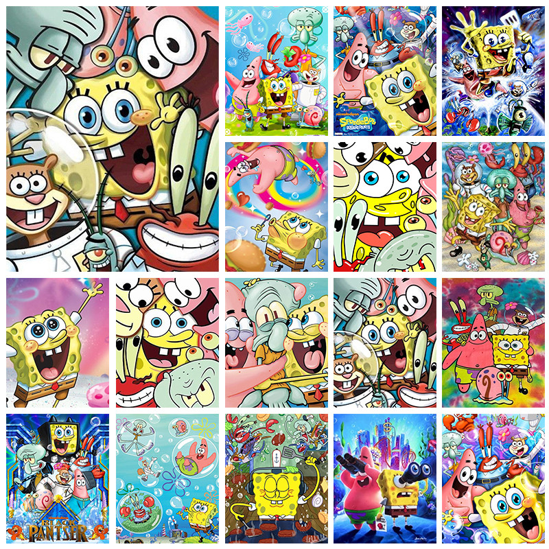 Handmade DIY SpongeBob Diamond Painting Kit Water Diamond SquarePants Cross Embroidered Diamond Mosa