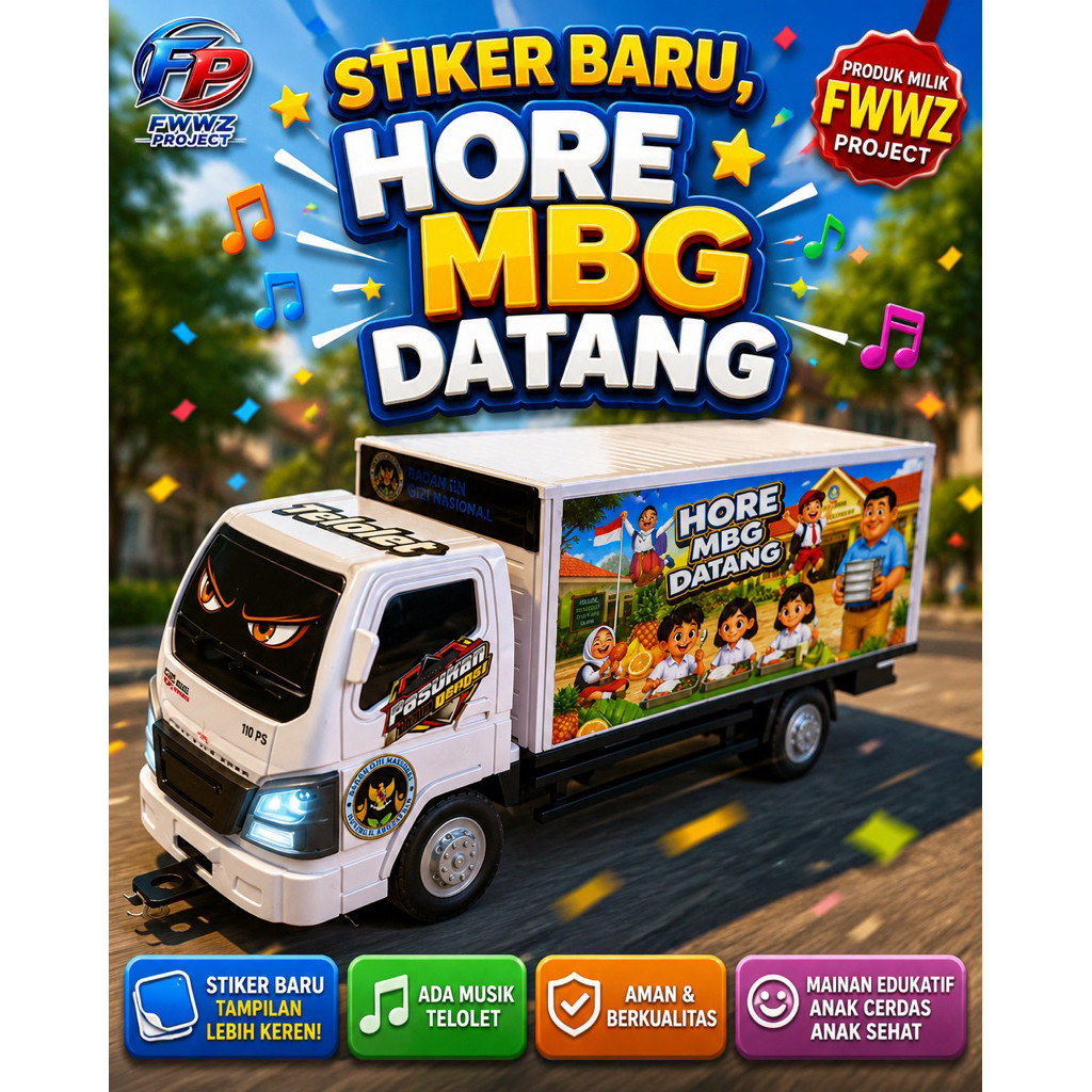 TERBARU Mainan truck Free Batre Paket Stiker Gemoy-Mobil Box MBG Viral-Mainan Viral MBG Anak-anak Co