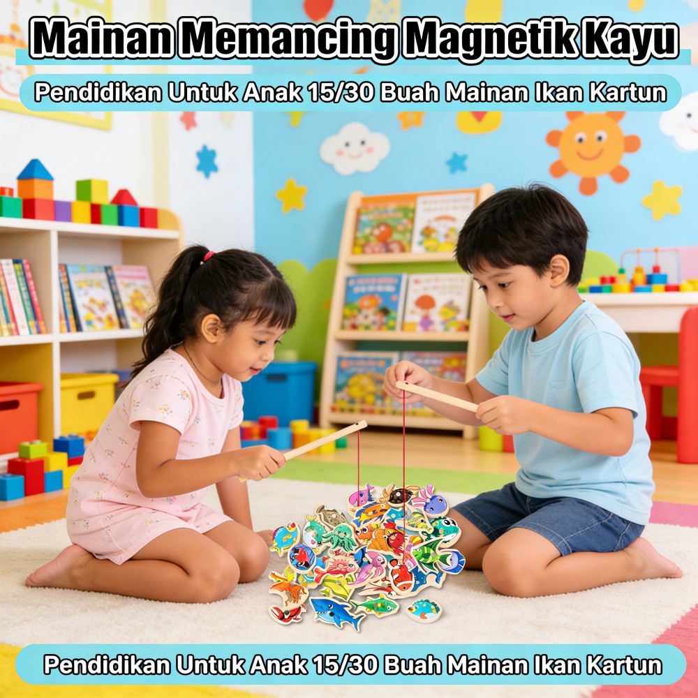Anak 15/30 Buah Mainan Ikan Pendidikan Kayu Magnetik Kartun