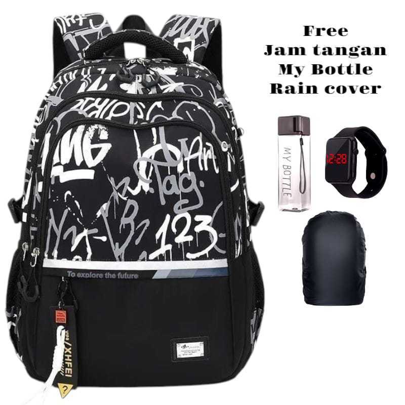 AURESTORE AFFA.BAGS TAS SEKOLAH ANAK KEREN KEKINIAN NYAMAN | TAS HITAM PUTIH MOTIF CORET MURAL GRAFI