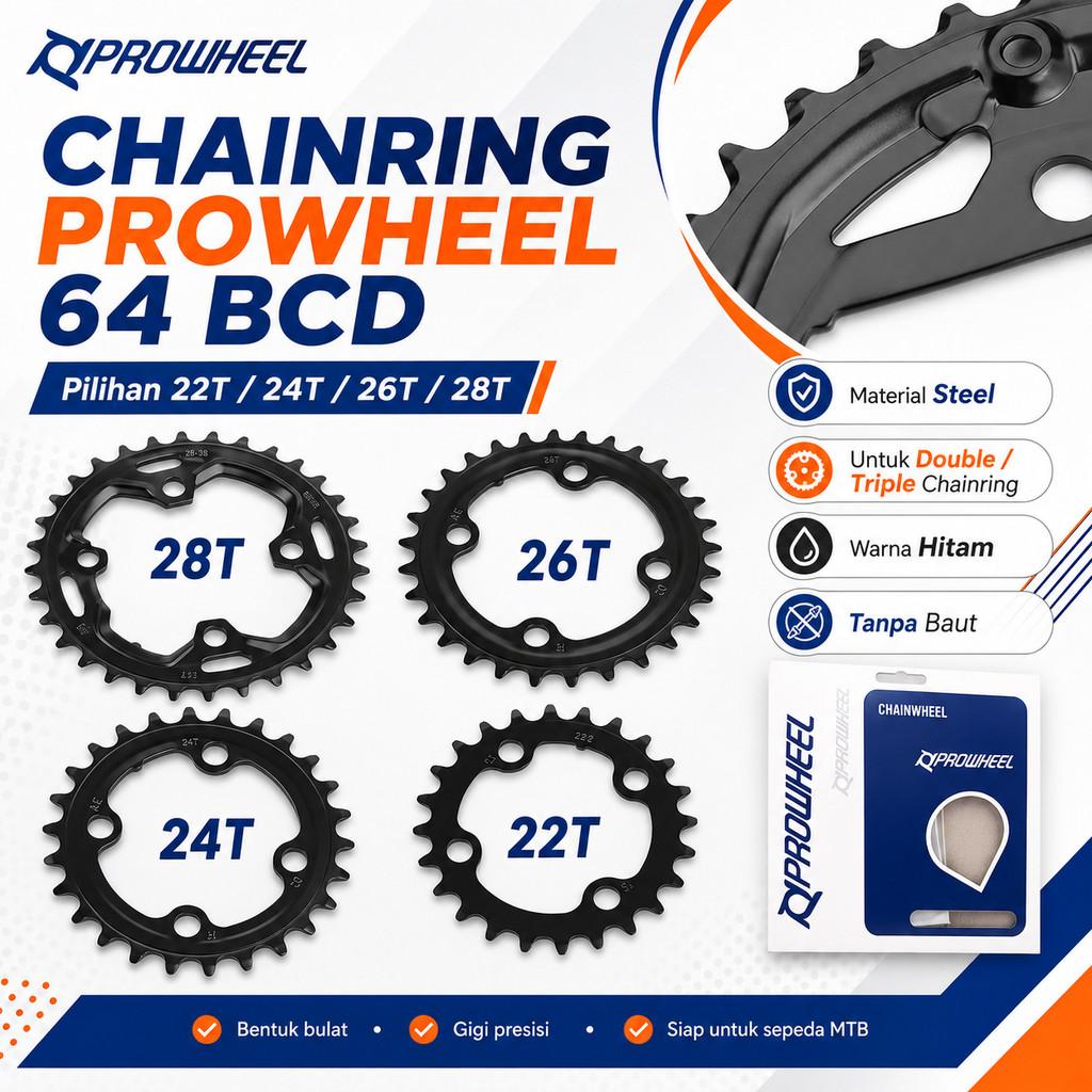 Chainring Prowheel 22T 24T 26T 64 BCD 28T BCD untuk double triple chainring sepeda 64BCD