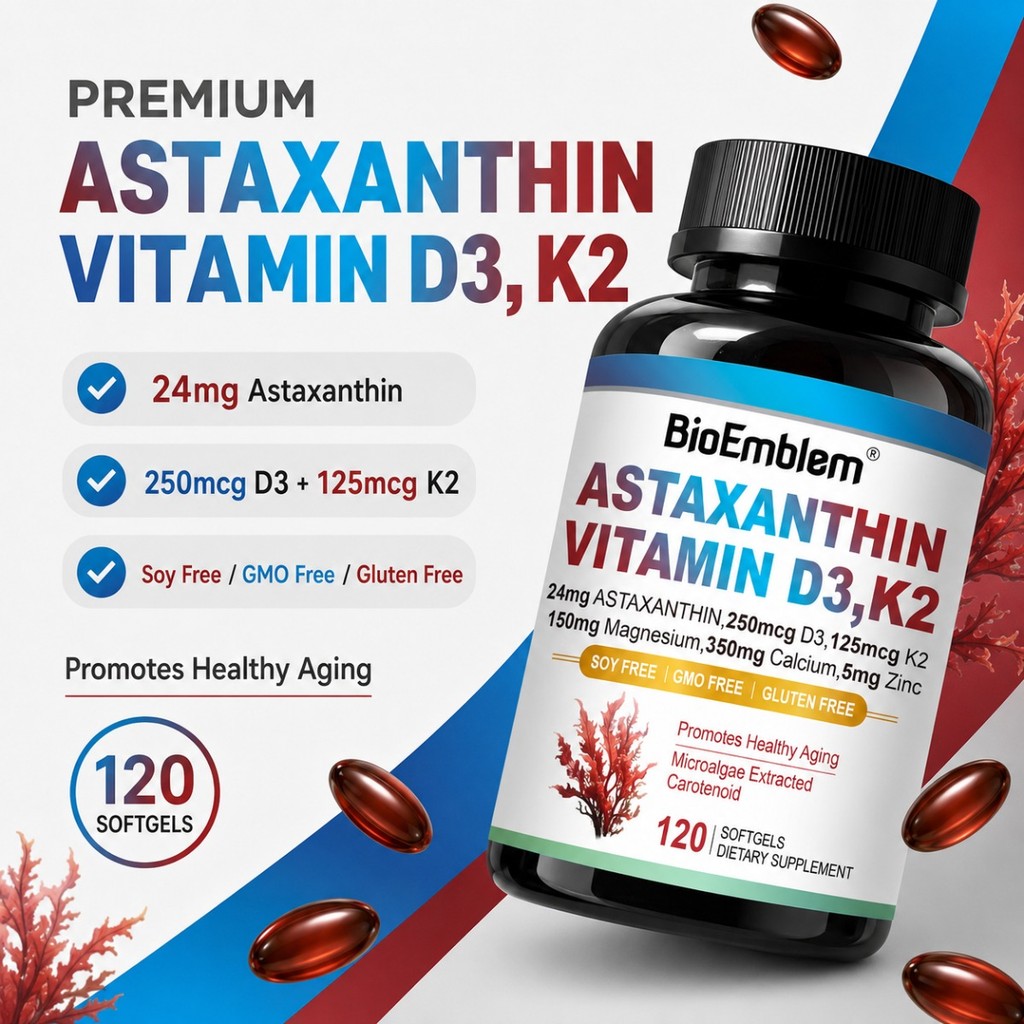 BioEmblem Astaxanthin + Vitamin D3 K2 + Calcium Magnesium Zinc 24mg + D3 10000IU + K2 125mcg 120 Sof
