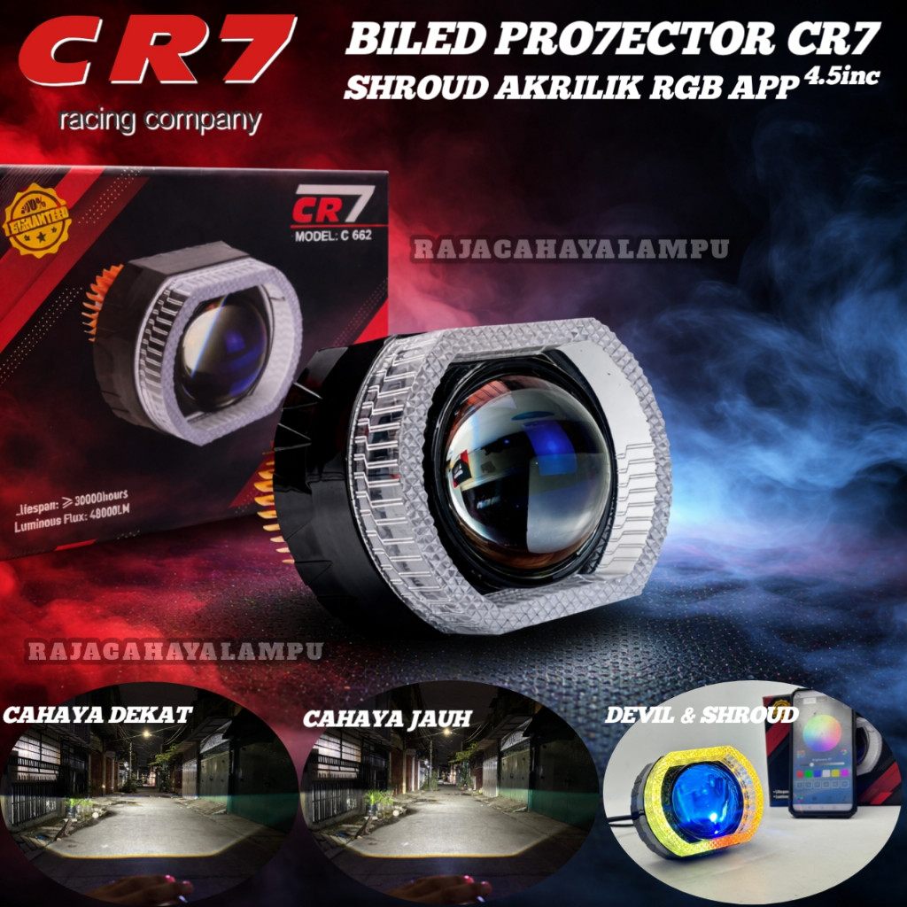 Biled Projector 4,5 Inch CR7 C662 RGB APP Blue Lens Shroud Akrilik Cahaya Flat Cut Universal
