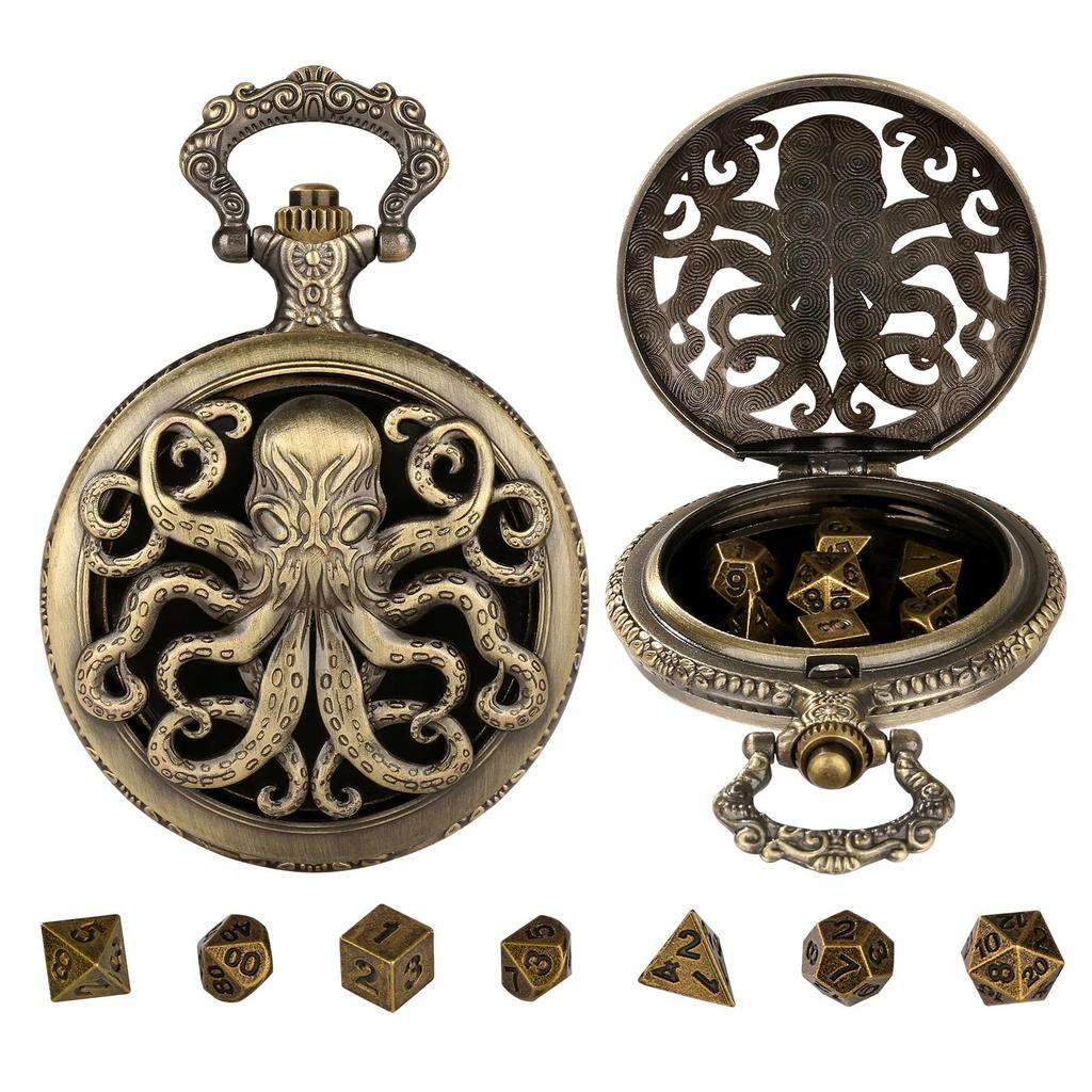 YISUYA Mini DND ce Set, Octopus Pocket Watch Shell Case, 7pcs Polyhedral Metal DND ce, Roleplaying B