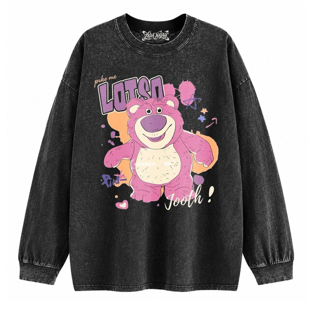 ZADA NAJAH Kaos Oversize Longsleeve Stone Black Washed Toy Story Lotso Vintage Graphic Tee Unisex Pr