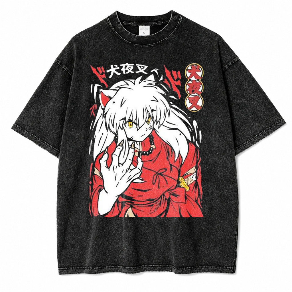 Kaos Oversize Stone Black Washed Anime Inuyasha Vintage Streetwear Distro Unisex Pria Wanita