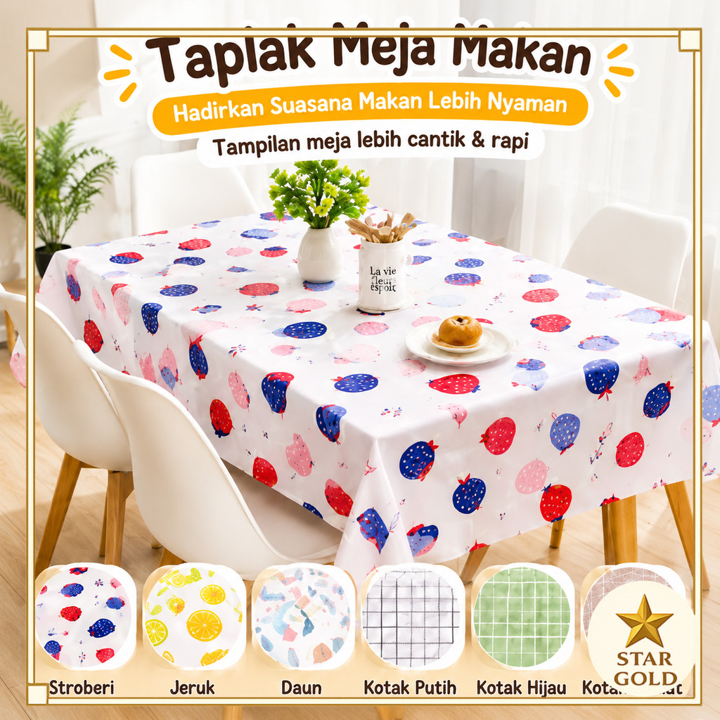 Taplak Meja Makan PEVA PVC Motif Modern Buah Daun Kotak Alas Meja Waterproof Anti Air Mudah Dibersih