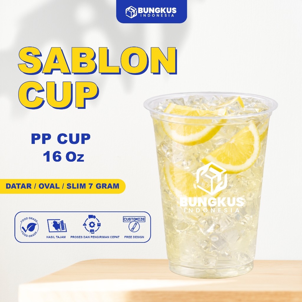 Sablon Cup Gelas Plastik (PP) 16 Oz  DATAR / OVAL / SLIM 7 Gram + LID