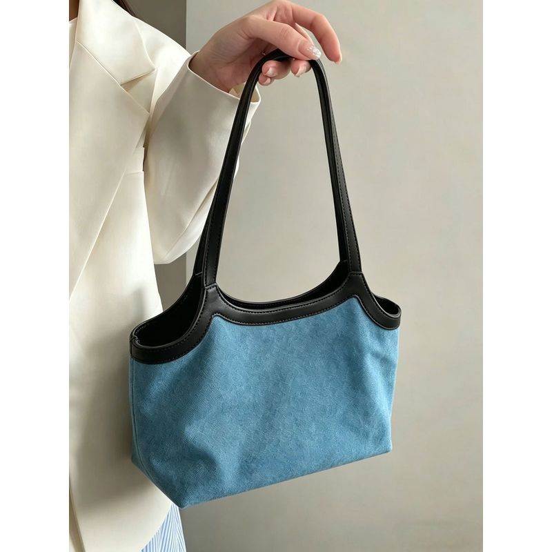 Tas kanvas patchwork biru denim baru, tas jinjing patchwork biru, desain sederhana.