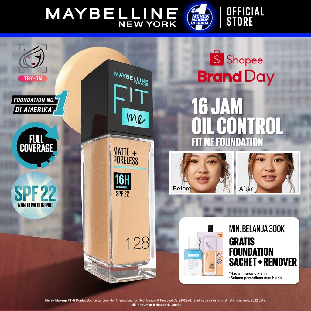MAYBELLINE OFFICIAL Fit Me Matte + Poreless Liquid Foundation Make Up 30ml SPF 22 Makeup Ringan High