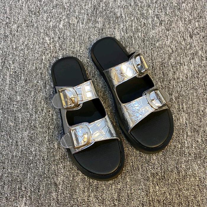Kanaya Sandal Selop Wanita Ban 2 Gesper Motif Croco Silver Shoes - silver, 36