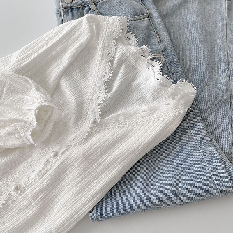 Baju blus lengan panjang wanita, baju blus lengan panjang, renda, leher V longgar, model Korea