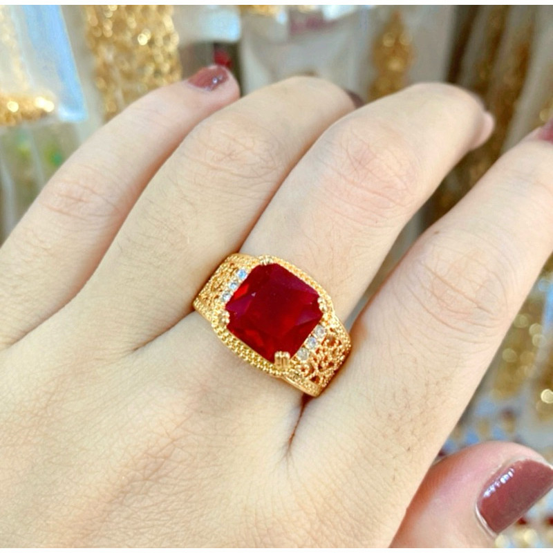 CINCIN EMAS BATU GIOK MERAH TEBAL KOTAK PERMATA CINCIN TITANIUM WANITA ANTI LUNTUR
