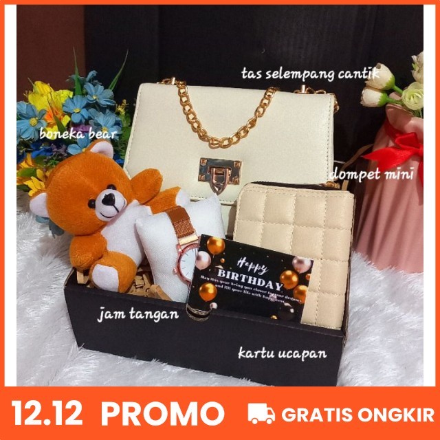 Hampers cewek ulang tahun/paket kado ulang tahun osi tas selempang dan jam tangan free kartu ucapan 