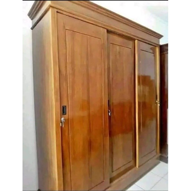 Lemari Sleding Minimalis Pintu 3 Kayu Jati Asli Jepara