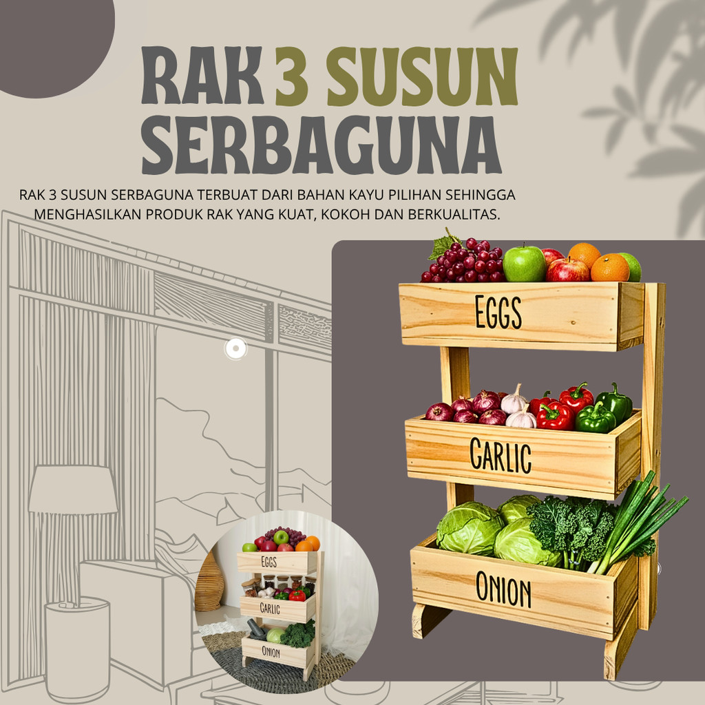Rak Bawang Kayu 3 Susun / Rak Bumbu Serbaguna